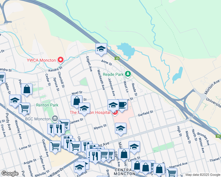 map of restaurants, bars, coffee shops, grocery stores, and more near 38 Johnson Avenue in Moncton
