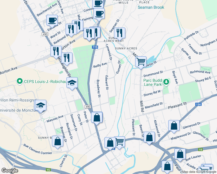 map of restaurants, bars, coffee shops, grocery stores, and more near 103 Edward Street in Moncton