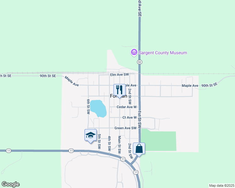 map of restaurants, bars, coffee shops, grocery stores, and more near 200-298 Main St SW in Forman