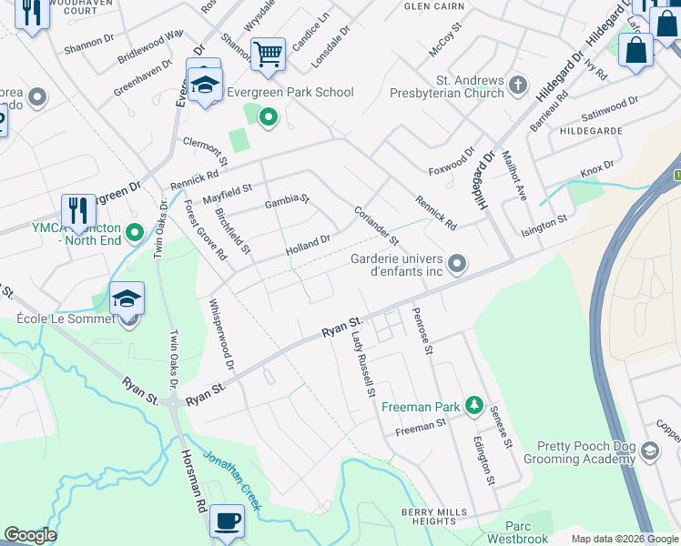 map of restaurants, bars, coffee shops, grocery stores, and more near 41 Clarendon Drive in Moncton