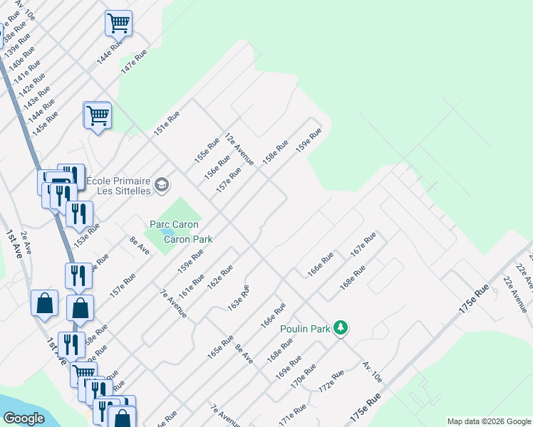 map of restaurants, bars, coffee shops, grocery stores, and more near 1155 162e Rue in Saint-Georges