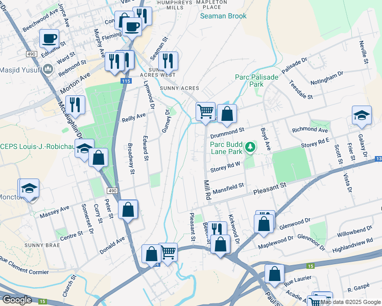 map of restaurants, bars, coffee shops, grocery stores, and more near 92 Bathurst Street in Moncton