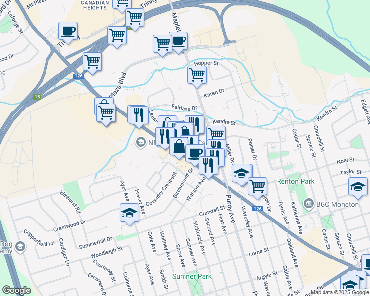 map of restaurants, bars, coffee shops, grocery stores, and more near in Moncton