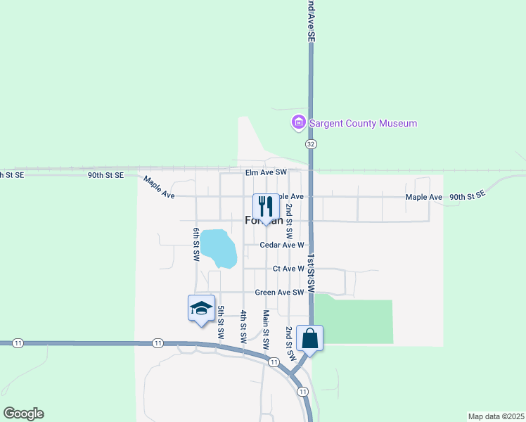 map of restaurants, bars, coffee shops, grocery stores, and more near 200 Main Street Southwest in Forman