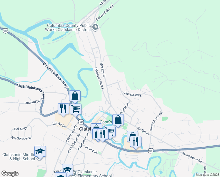 map of restaurants, bars, coffee shops, grocery stores, and more near 635 Northwest Pine Street in Clatskanie