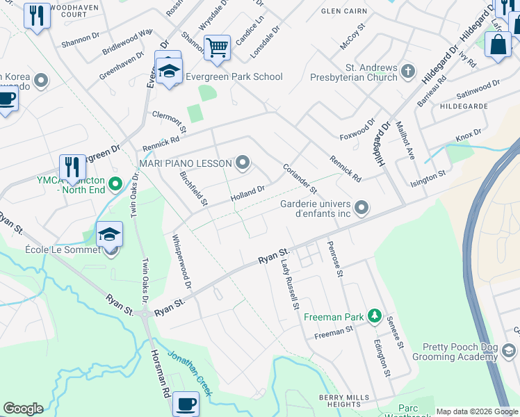 map of restaurants, bars, coffee shops, grocery stores, and more near 65 Clarendon Drive in Moncton