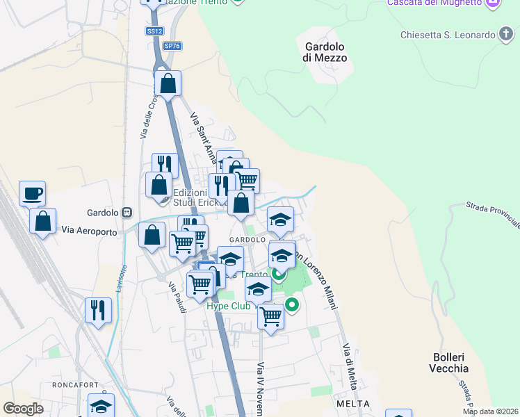 map of restaurants, bars, coffee shops, grocery stores, and more near 14 Via Dante Sartori in Trento