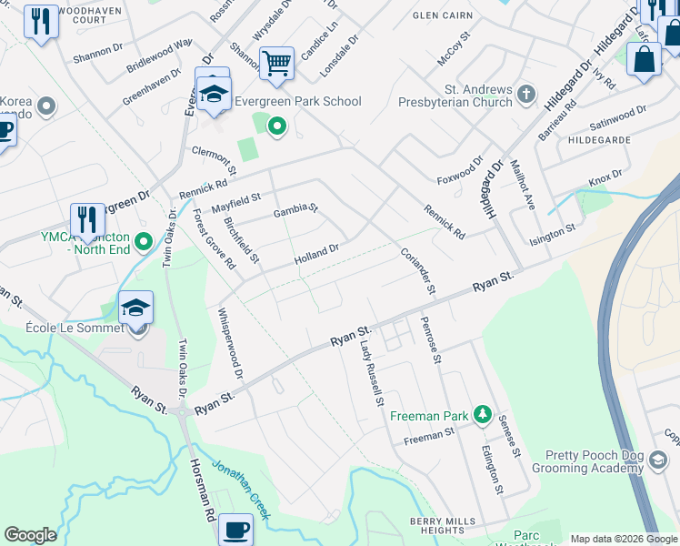 map of restaurants, bars, coffee shops, grocery stores, and more near 76 Holland Drive in Moncton