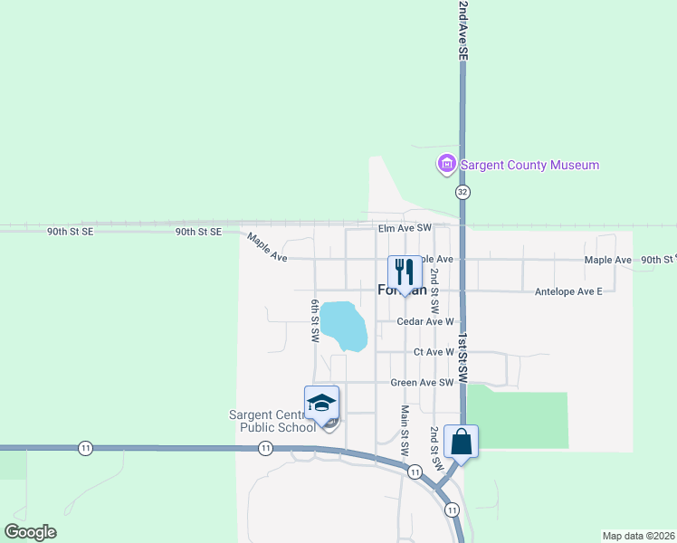 map of restaurants, bars, coffee shops, grocery stores, and more near 513 5th Street Southwest in Forman