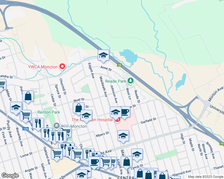 map of restaurants, bars, coffee shops, grocery stores, and more near 52 Johnson Avenue in Moncton