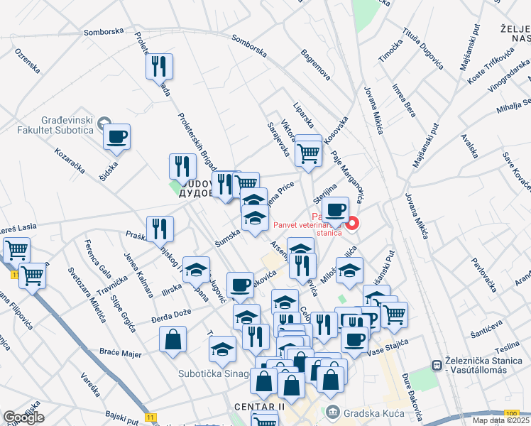 map of restaurants, bars, coffee shops, grocery stores, and more near 11 Karolja Čilaga in Subotica