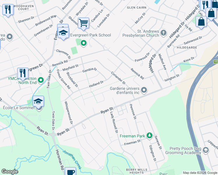 map of restaurants, bars, coffee shops, grocery stores, and more near 41 Clarendon Drive in Moncton