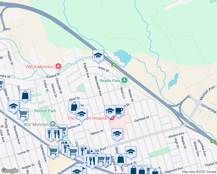map of restaurants, bars, coffee shops, grocery stores, and more near 38 Johnson Avenue in Moncton