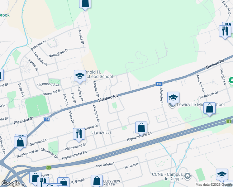 map of restaurants, bars, coffee shops, grocery stores, and more near 439 New Brunswick 134 in Moncton