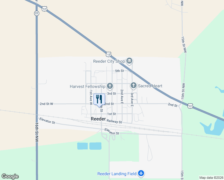 map of restaurants, bars, coffee shops, grocery stores, and more near 1st Avenue East in Reeder