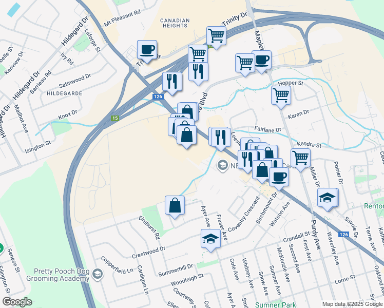 map of restaurants, bars, coffee shops, grocery stores, and more near 1380 Mountain Road in Moncton