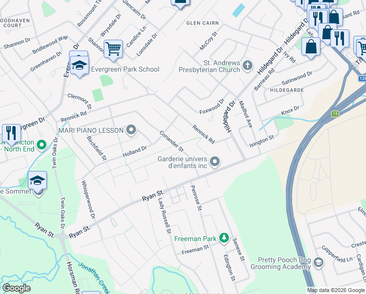 map of restaurants, bars, coffee shops, grocery stores, and more near 63 Coriander Street in Moncton