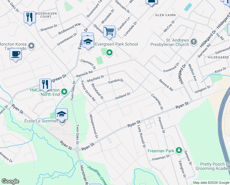 map of restaurants, bars, coffee shops, grocery stores, and more near in Moncton