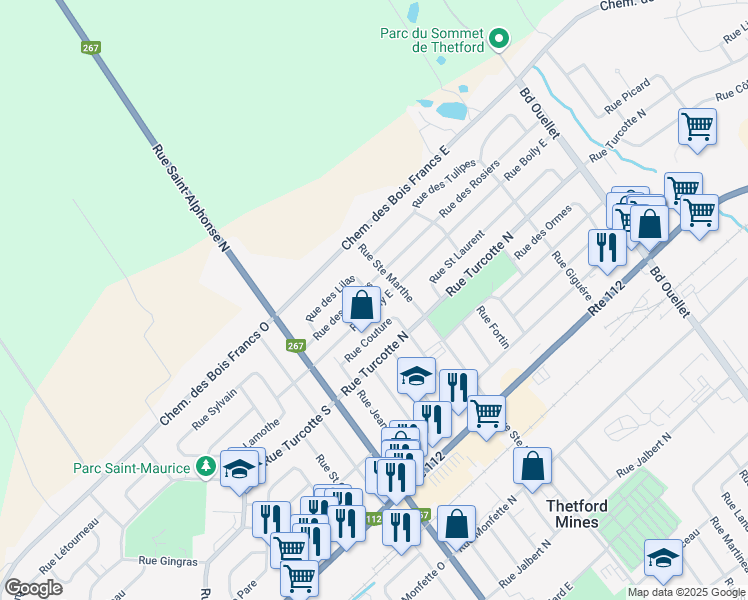 map of restaurants, bars, coffee shops, grocery stores, and more near 187 Rue Boily Est in Thetford Mines