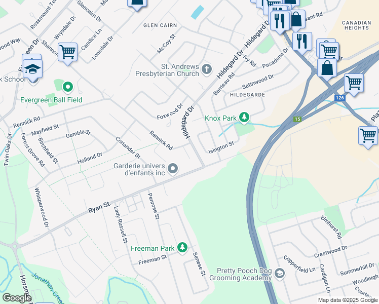 map of restaurants, bars, coffee shops, grocery stores, and more near 17 Sutton Court in Moncton