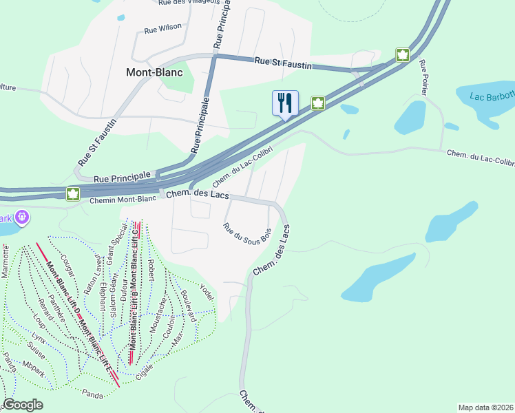 map of restaurants, bars, coffee shops, grocery stores, and more near 1256 Chemin des Lacs in Mont-Blanc