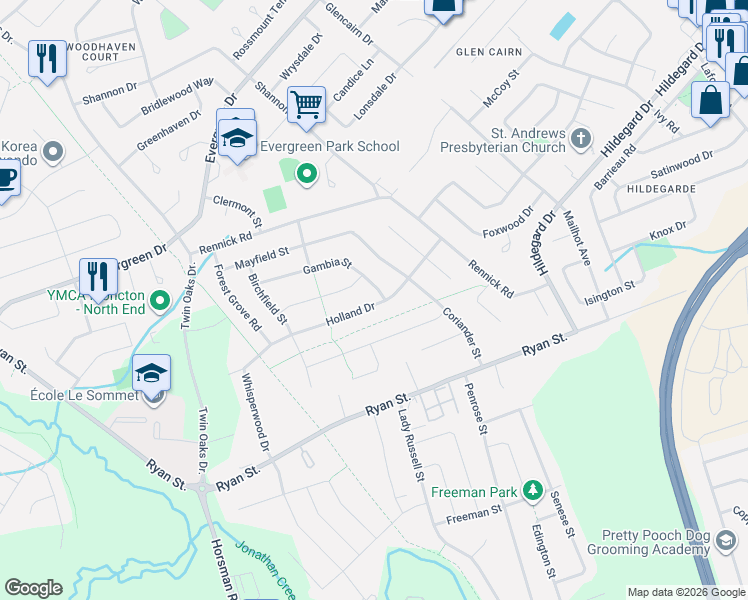 map of restaurants, bars, coffee shops, grocery stores, and more near in Moncton