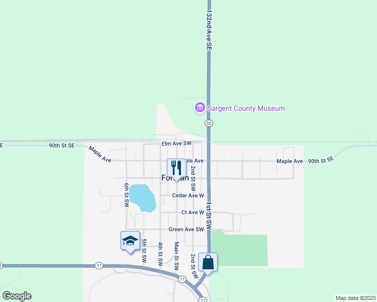 map of restaurants, bars, coffee shops, grocery stores, and more near 200 Elm Avenue Southwest in Forman
