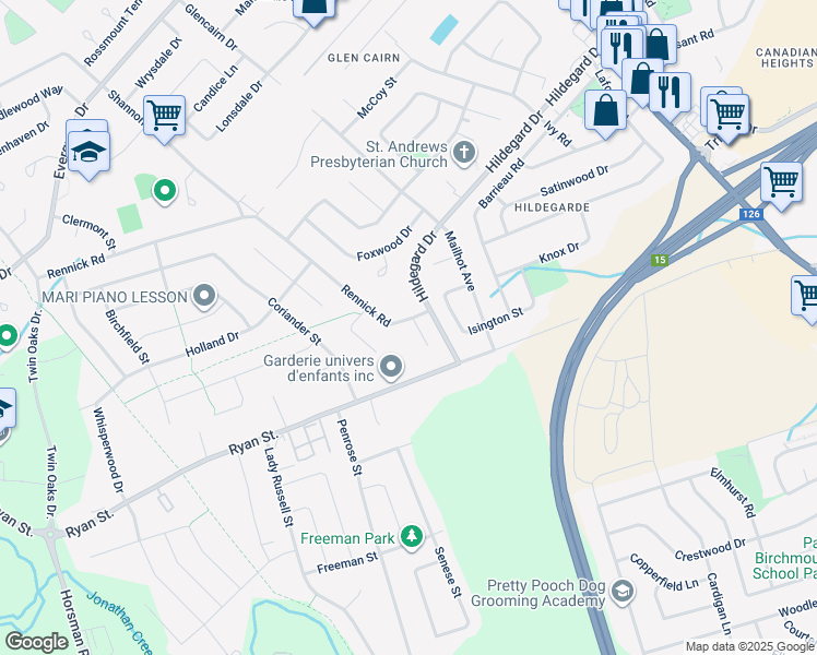 map of restaurants, bars, coffee shops, grocery stores, and more near 22 Rennick Road in Moncton