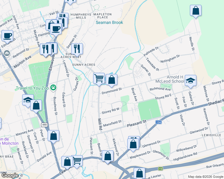 map of restaurants, bars, coffee shops, grocery stores, and more near 42 Drummond Street in Moncton
