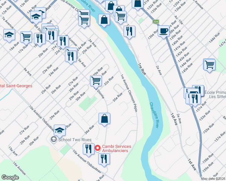 map of restaurants, bars, coffee shops, grocery stores, and more near 3330 3e Avenue in Saint-Georges