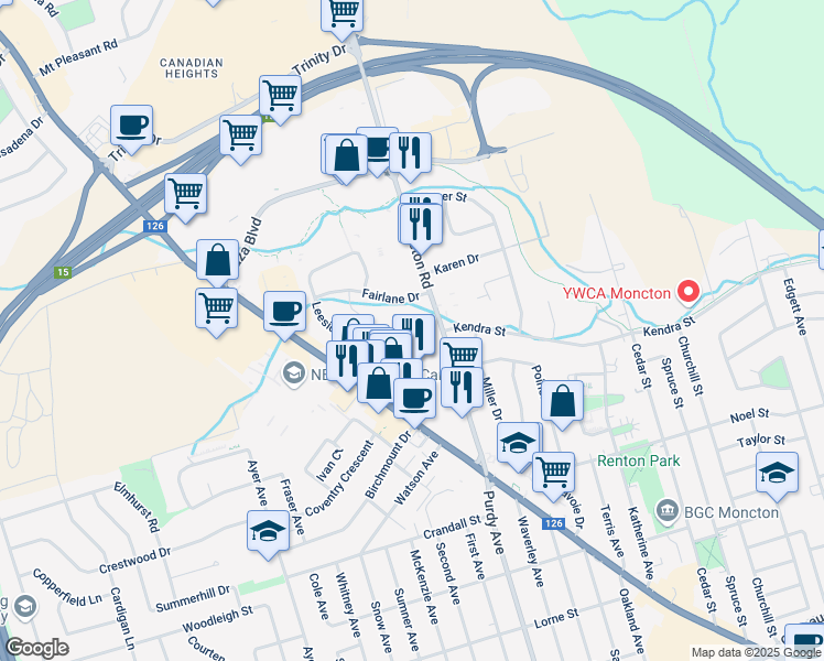 map of restaurants, bars, coffee shops, grocery stores, and more near 22 Fairlane Drive in Moncton