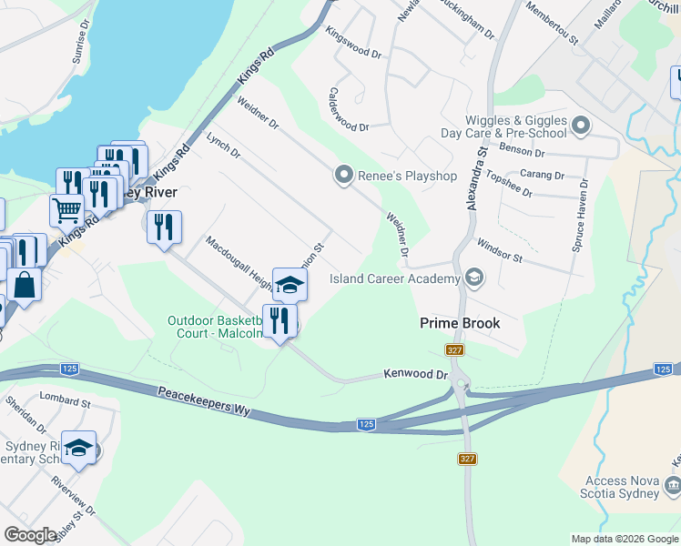 map of restaurants, bars, coffee shops, grocery stores, and more near 1 Ranni Crescent in Sydney River