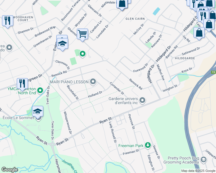 map of restaurants, bars, coffee shops, grocery stores, and more near 27 Holland Drive in Moncton