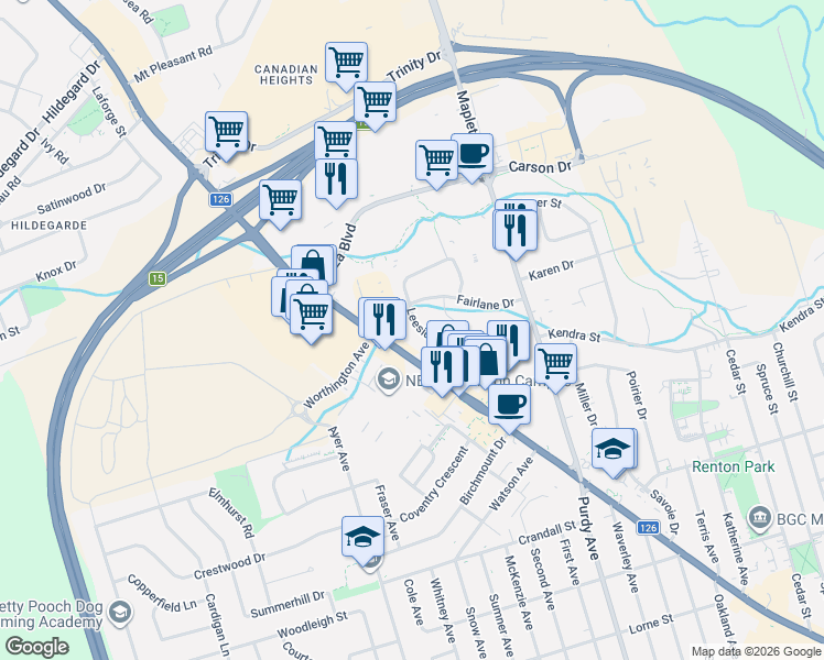map of restaurants, bars, coffee shops, grocery stores, and more near 104 Leeside Drive in Moncton
