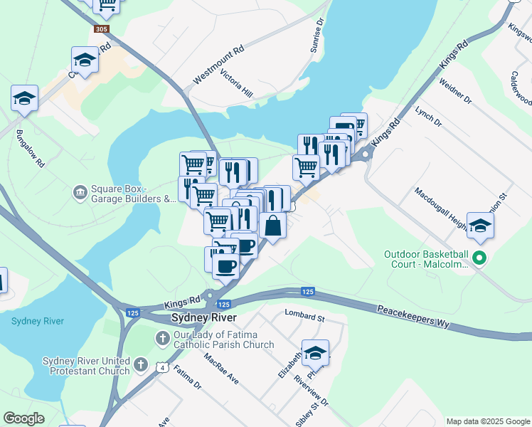 map of restaurants, bars, coffee shops, grocery stores, and more near 0 Keltic Drive in Sydney River