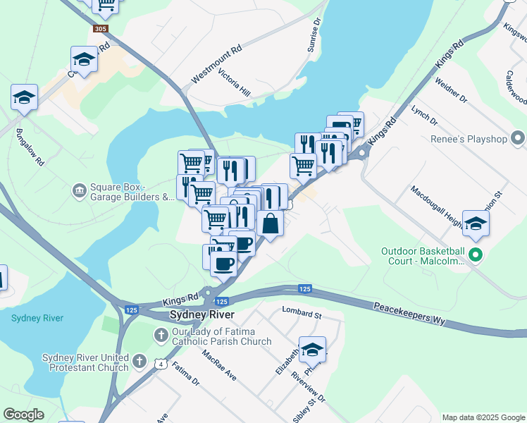 map of restaurants, bars, coffee shops, grocery stores, and more near 0 Keltic Drive in Sydney River