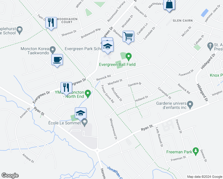 map of restaurants, bars, coffee shops, grocery stores, and more near 16 Birchfield Street in Moncton