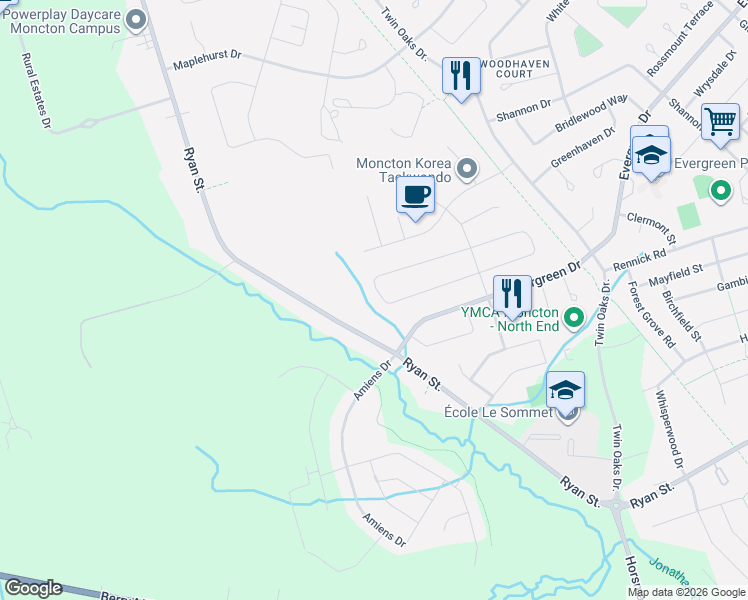map of restaurants, bars, coffee shops, grocery stores, and more near 69 Francfort Crescent in Moncton
