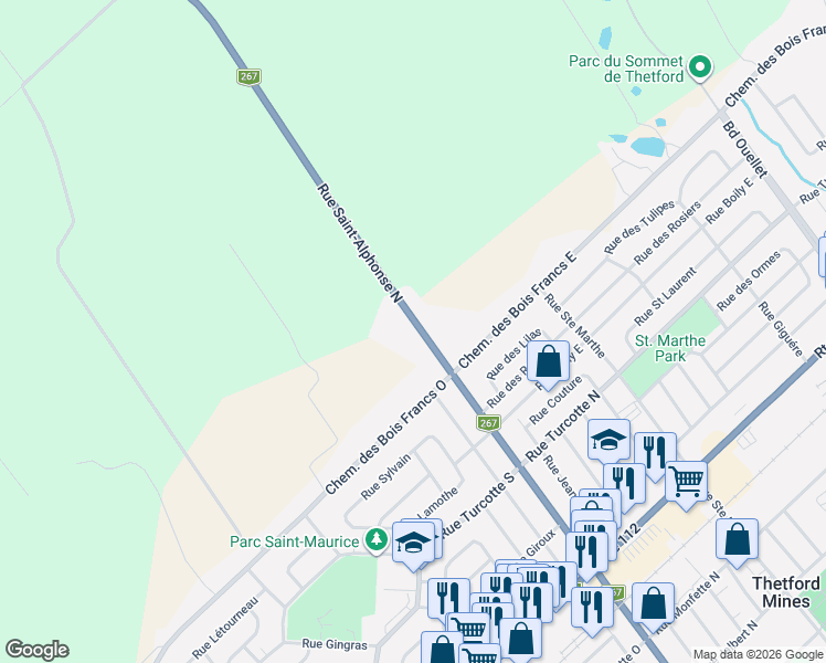 map of restaurants, bars, coffee shops, grocery stores, and more near 1564 Rue Saint-Alphonse Nord in Thetford Mines