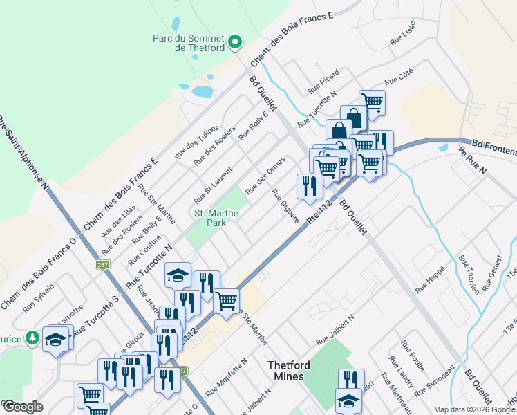 map of restaurants, bars, coffee shops, grocery stores, and more near 502 Rue des Cèdres in Thetford Mines