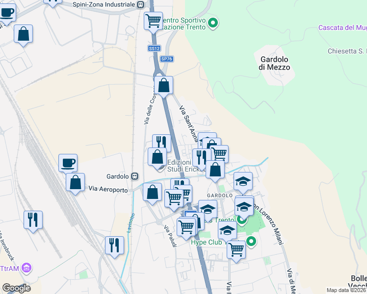 map of restaurants, bars, coffee shops, grocery stores, and more near 29 Via Sant'Anna in Trento