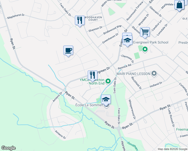 map of restaurants, bars, coffee shops, grocery stores, and more near 471 Evergreen Drive in Moncton