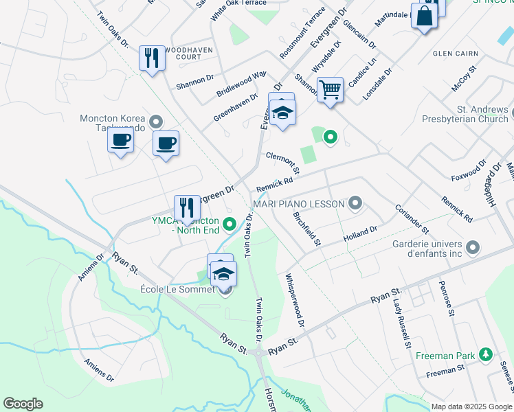 map of restaurants, bars, coffee shops, grocery stores, and more near 79 Twin Oaks Drive in Moncton