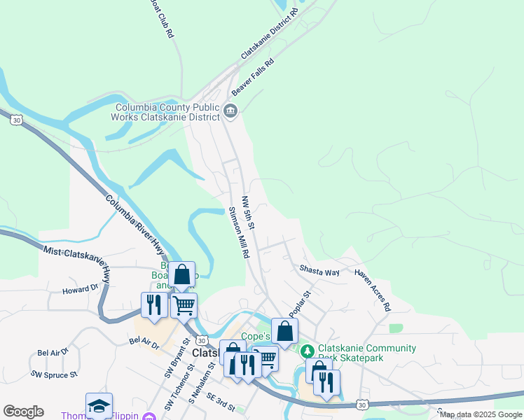 map of restaurants, bars, coffee shops, grocery stores, and more near 460 Northwest 5th Street in Clatskanie