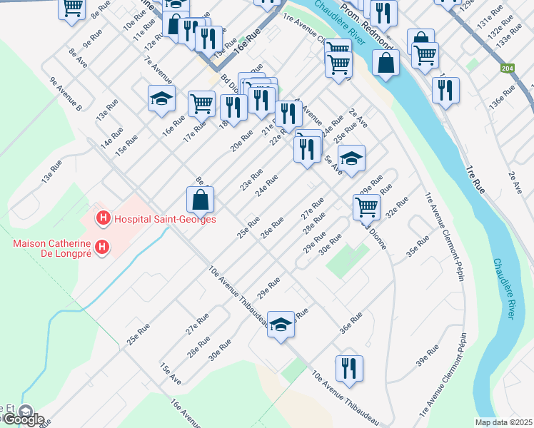 map of restaurants, bars, coffee shops, grocery stores, and more near 739 25e Rue in Saint-Georges