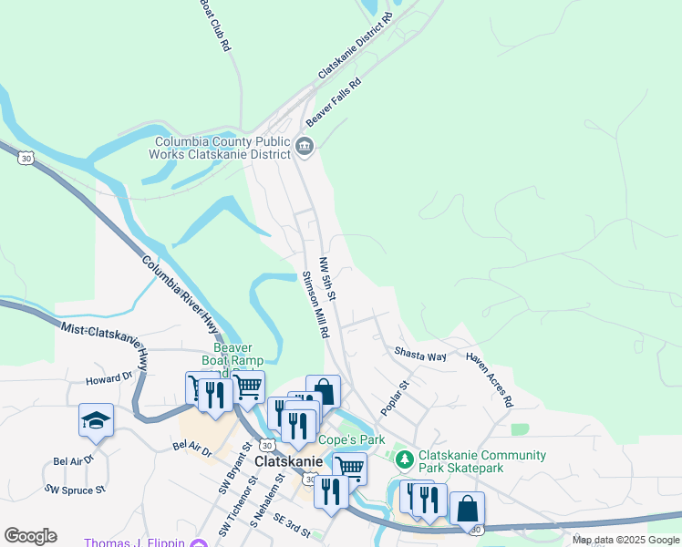 map of restaurants, bars, coffee shops, grocery stores, and more near 460 Northwest 5th Street in Clatskanie