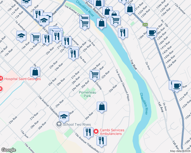 map of restaurants, bars, coffee shops, grocery stores, and more near 595 30e Rue in Saint-Georges
