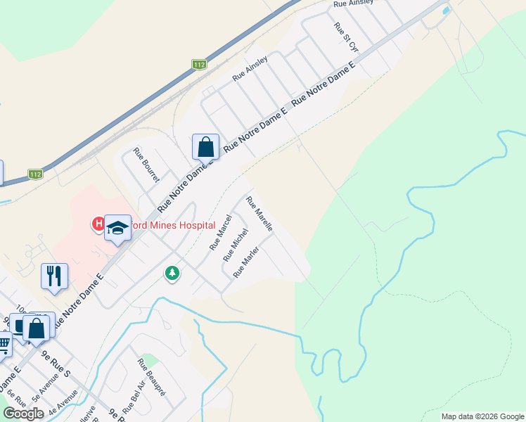 map of restaurants, bars, coffee shops, grocery stores, and more near 235 Rue de la Marelle in Thetford Mines