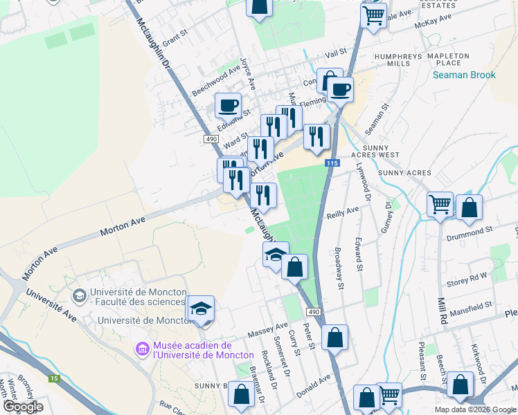 map of restaurants, bars, coffee shops, grocery stores, and more near 155 Chemin McLaughlin Road in Moncton