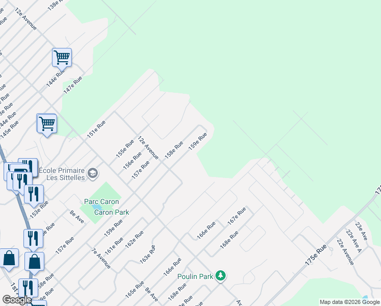 map of restaurants, bars, coffee shops, grocery stores, and more near 1290 159e Rue in Saint-Georges